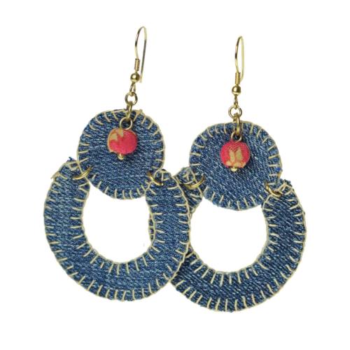 Earrings recycled denim jeans, drop ring and circle