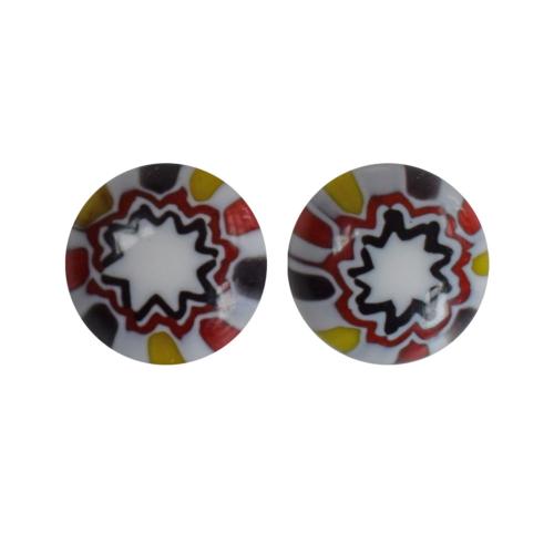 Ear studs, glass beads black, red, yellow and white, 1.2cm diameter