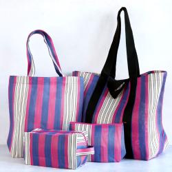 Beach/shopping bag recycled plastic cement bags, pink blue stripes 56x36x22cm