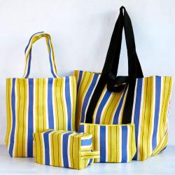 Pouch bag from recycled plastic cement bags, purple yellow stripes 22x16x7cm
