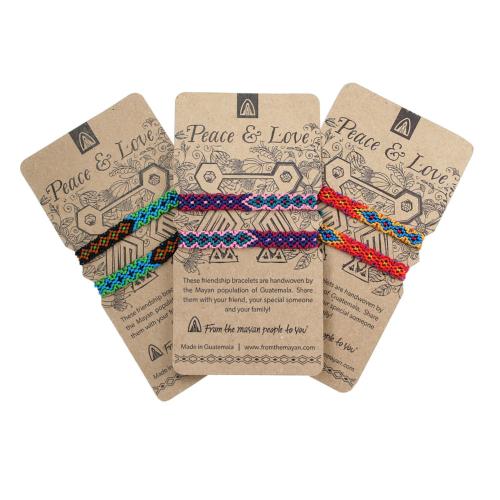 2 friendship bracelets on a card, peace & love, colours will vary