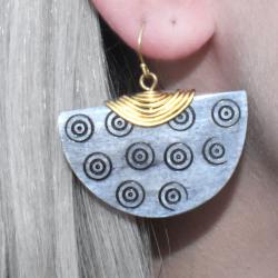 Earrings, Semi-circular, grey engraved bone, and brass 4.5 (L) x 4.5 (W) cm