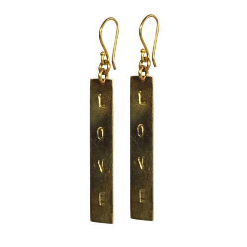 Earrings, stamped brass, rectangular drop Love 4 (L) x 0.5 (W) cm