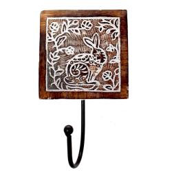 Wall hook, Mango wood with rabbit/floral design 10(L) x 19(H) x 2cms(W)