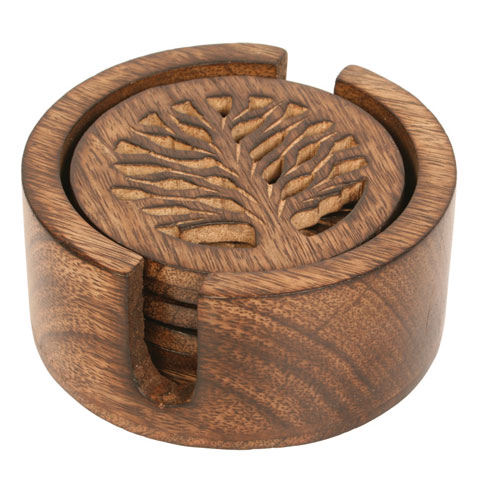 Set of 6 coasters Tree of Life in holder carved eco mango wood