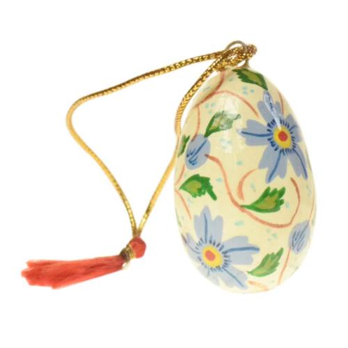 Hanging egg decoration, blue flowers on cream, papier maché, 4.5cm height