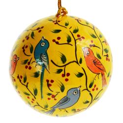 Hanging bauble, birds on yellow, papier maché