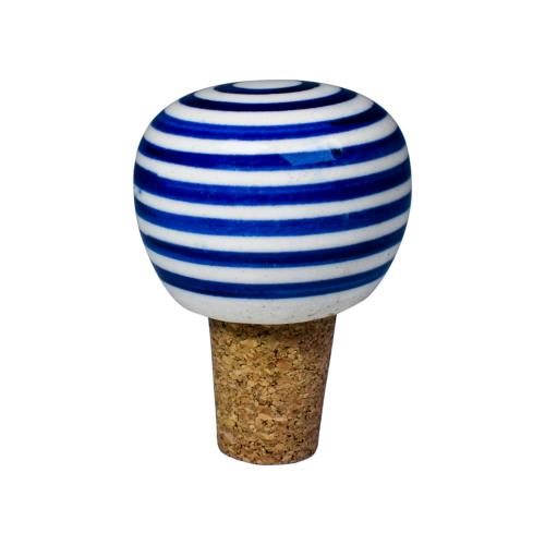Cork wine bottle stopper, round, white with blue stripes