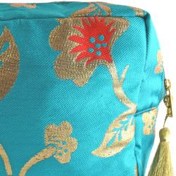 Turquoise washbag with recycled brocade fabric 22 x 29 cm