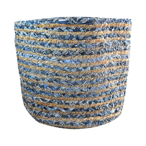 Basket plaited hemp and recycled denim, blue and natural 26 x 26cm