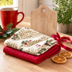 2 Christmas Tea Towels + Wood Serving Board Recycled Cotton
