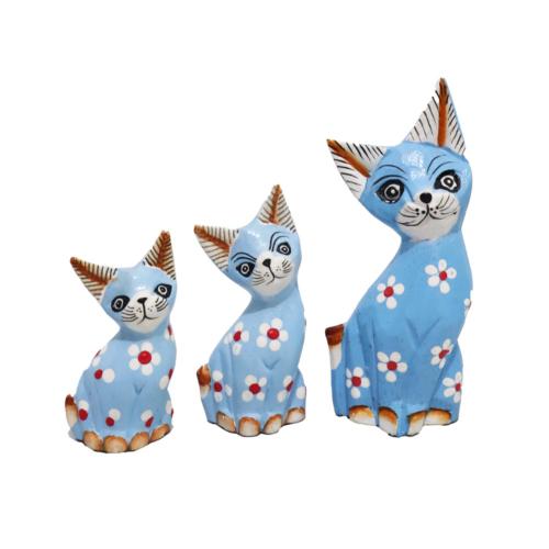 Set of 3 Blue Flower Cats Albesia Wood