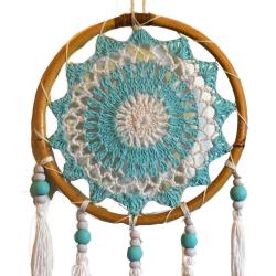 Dreamcatcher on bamboo frame, white tassels, turquoise white inner, diameter 17cm