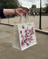 Jute shopping bag, square, cherry tree with swallows