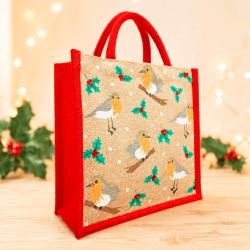 Jute shopper or Christmas gift bag, robins design 30x30cm