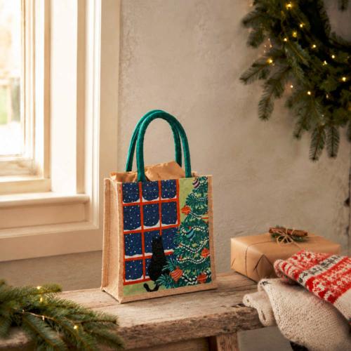 Jute Gift / Shopping Bag, Cat in Window 25x25cm