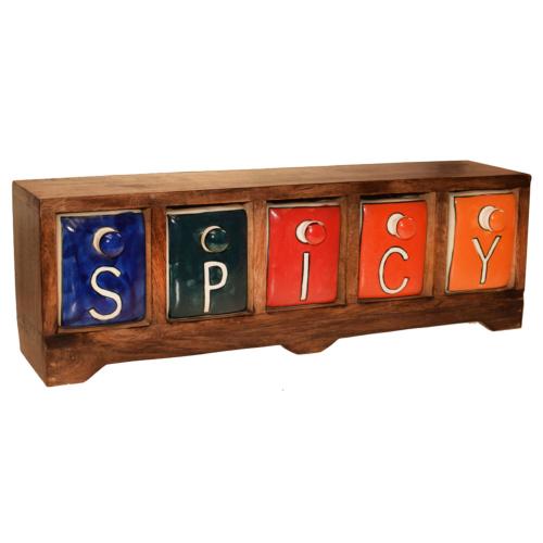 Eco-friendly mango wood and ceramic spice chest/cabinet 'SPICY' 41x13.5x9cm