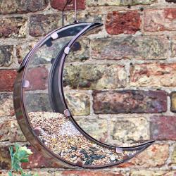 Hanging bird feeder recycled brass and glass crescent moon shape