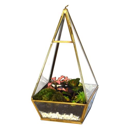 Terrarium recycled metal & glass pyramid shape 17cm ht, plants not included