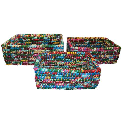 Set of 3 rectangular grass baskets, multicoloured
