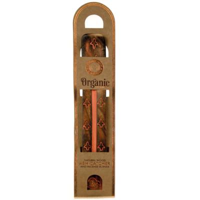 Ash catcher/incense burner, painted wood, orange arrows design