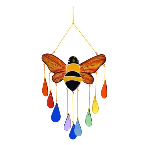 Mobile, recycled glass + wood, bee with teardrops on strings multicoloured