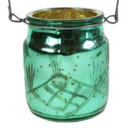 T-lite candle holder with wire hanging recycled glass turquoise 6x7cm