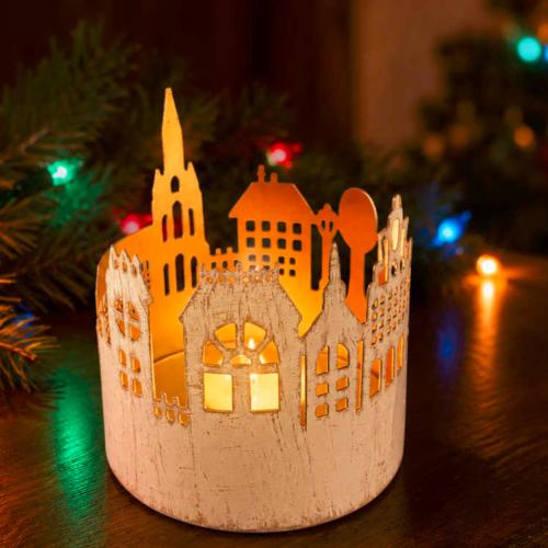 T-lite Candle Holder Whitewashed Metal Village Scene 10x11cm
