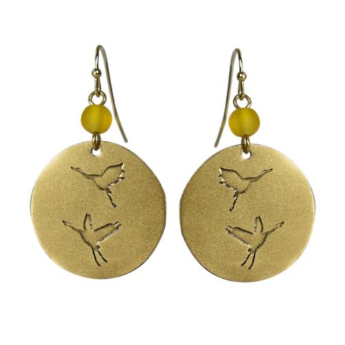 Earrings, Brass round drop engraved with flying cranes 2.5cm diameter