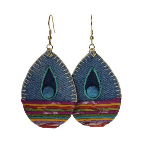 Earrings recycled denim jeans, teardrop with inner teardrop multicoloured bands