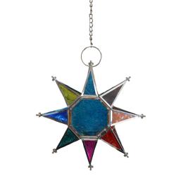 Lantern Tea Light Holder Hanging Star Recycled Glass, Blue Centre 20cm
