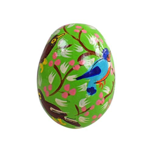 Egg ornament paper maché, birds design green 5 x 3.5cm