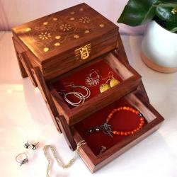 Jewellery box Sheesham wood folding, inlaid brass floral design 17 x 12 x 11cm