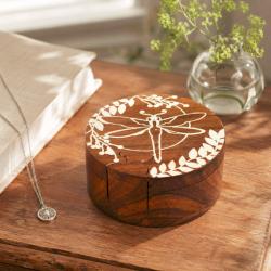 Puzzle Box Round Dragonfly Sheesham Wood 10 x 10 x 6cm