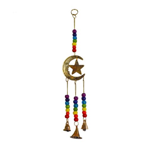 Hanging windchime with Chakra Beads, Moon & Star, recycled brass 6 x 31cm