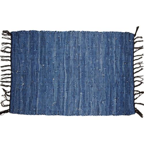 Rag rug recycled leather handmade blue 100x150cm