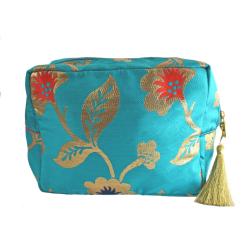 Turquoise washbag with recycled brocade fabric 22 x 29 cm