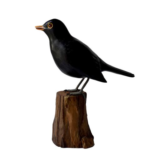 Blackbird on tree trunk, hand carved wooden indoor/garden ornament 12cm