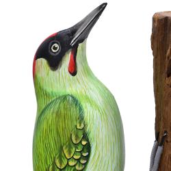 Green woodpecker on tree trunk, hand carved and painted 15 x 10 x 23cm