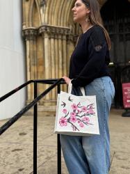 Jute shopping bag, square, cherry tree with swallows