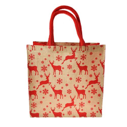 Jute Christmas gift bag, reindeer design, 20x20cm