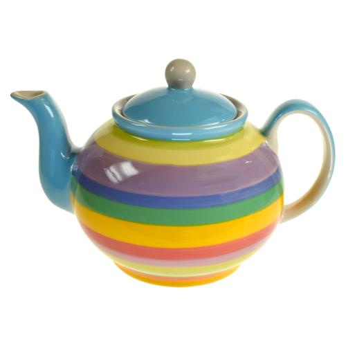 Teapot rainbow horizontal stripes blue inner ceramic hand painted 15cm ht