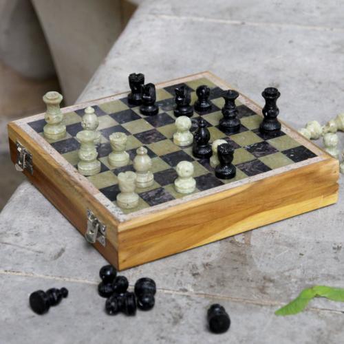 Luxury wooden chess set soapstone pieces hand carved Fair Trade 20x20cm