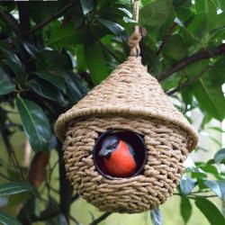 Birdhouse woven eco rattan handmade round with hanging 21x24cm