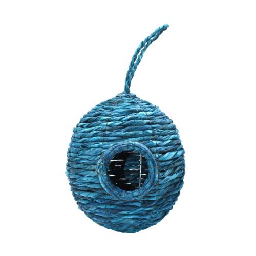 Bird house, woven banana fibre on wire frame, oval, turquoise