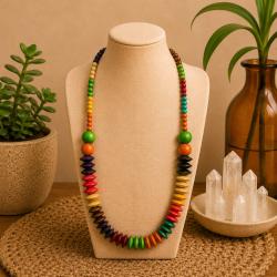 Necklace Handpainted Wooden Multicolour Saucer Shape Beads