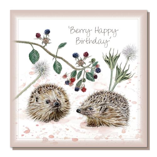 Greetings card, Berry happy birthday, hedgehogs and berries