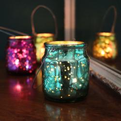 T-lite candle holder with wire hanging recycled glass turquoise 6x7cm