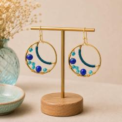 Earrings gold colour circle with blue + turquoise beads 