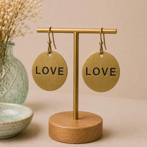 Earrings, Brass round drop engraved with `LOVE’ 2cm diameter